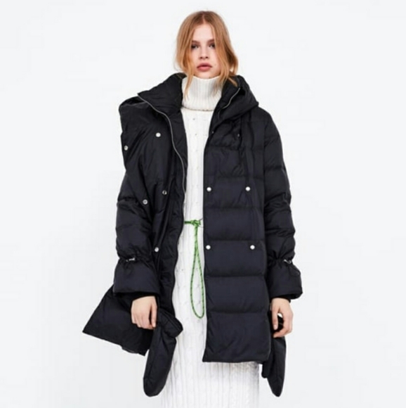 Zara Jackets & Blazers - ZARA Puffer Hooded Down Long Black Coat M